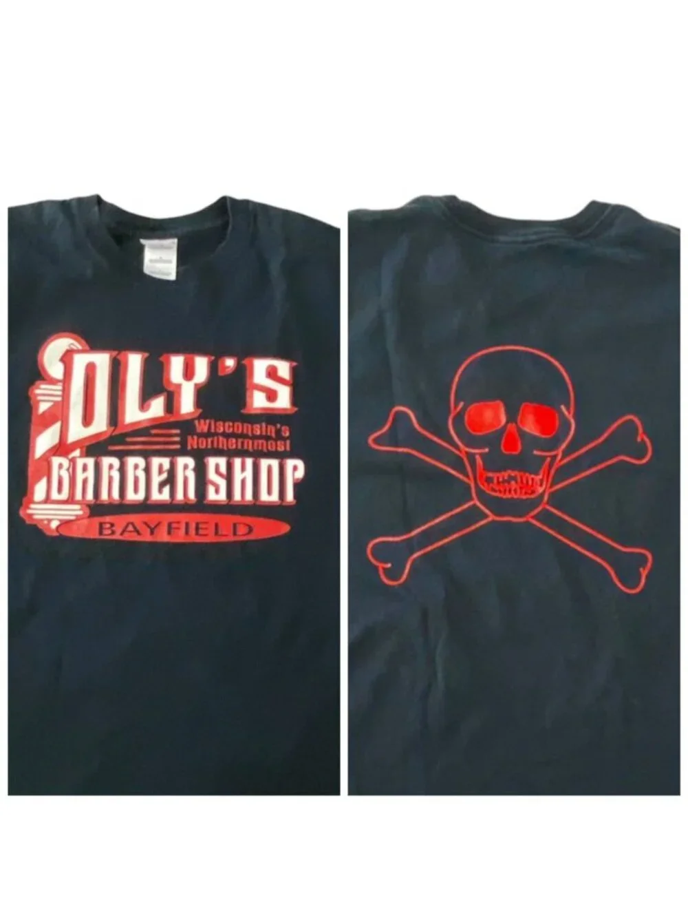Gildan Vintage Oly’s Barber Shop L Black T Shirt Skull Crossbones Wisconsin - Picture 3 of 9